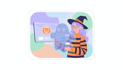 Young witch designs festive digital content with a holographic ghost and Halloween pumpkin