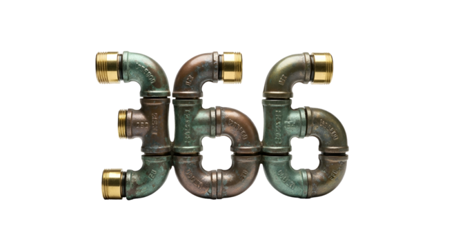 Number "366" formed with aged copper pipes and brass fittings