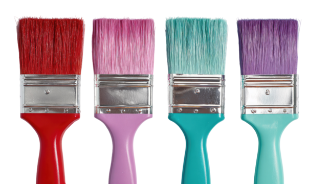 Four paintbrushes in vibrant colors, arranged in a row, showing the handles and bristles