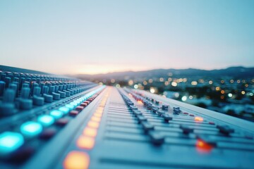 Fototapeta premium Mixing console captures vibrant lights against serene sunset backdrop, creating ambiance