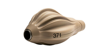 Tapered beige object with grooves and a dark circular hole