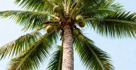 Obraz premium Mature coconut palm tree laden with fruit against a clear sky.