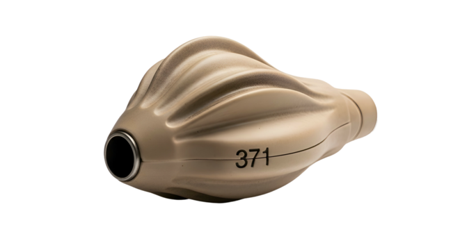 Tapered beige object with grooves and a dark circular hole