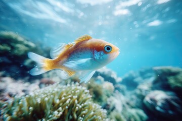 Fototapeta premium Colorful fish swims gracefully among vibrant coral in crystal-clear waters
