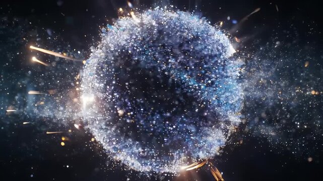 Abstract digital rendering shows a sphere of glittering particles and light trails in a dark space