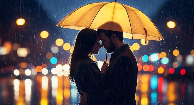 A romantic couple shares an intimate moment under a yellow umbrella at night, with blurred city lights creating a bokeh effect in the rainy background, symbolizing love and connection - Powered by Adobe