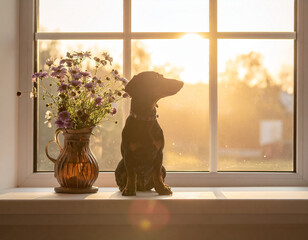 Dachshund standing by window with flowers in warm morning light