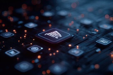 Illuminated shopping cart icon on a circuit board