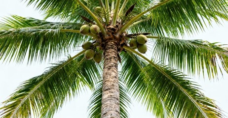 Fototapeta premium Lush green palm fronds frame developing coconuts on a textured trunk.