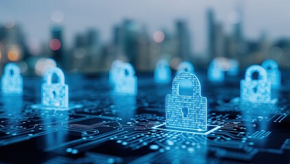 Digital Padlocks on Circuit Board. Cityscape Blurred Background