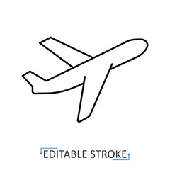 Obraz premium An airplane icon in a minimalist line style with editable stroke. Air transport, global travel, flight symbol, vacation journey, tourism concept, commercial aircraft, international airport.