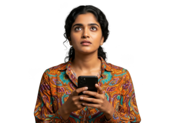 Young woman holding a smartphone isolated on transparent background
