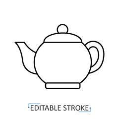A teapot icon in a minimalist line style with editable stroke. Kitchen utensil for tea time, hot beverage pot, traditional drinkware, tea ceremony, breakfast brewing equipment, ceramic container.