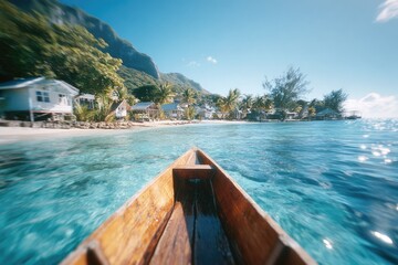 Fototapeta premium Calm turquoise waters reflect vibrant greenery and distant mountains, inviting exploration