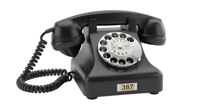 Shiny black rotary phone with coiled cord on dark background