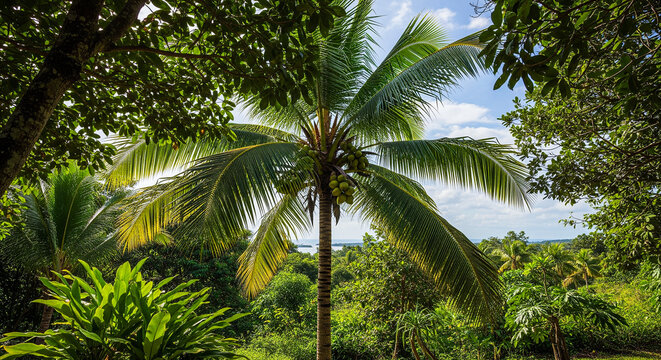 Tall green coconut tree standing beautifully under bright tropical sunlight and blue sky