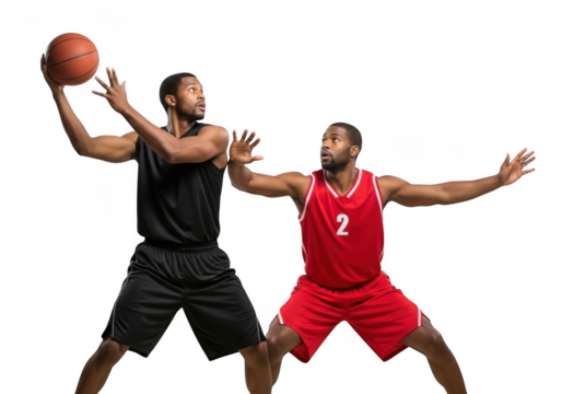 Two basketball players competing isolated on transparent background