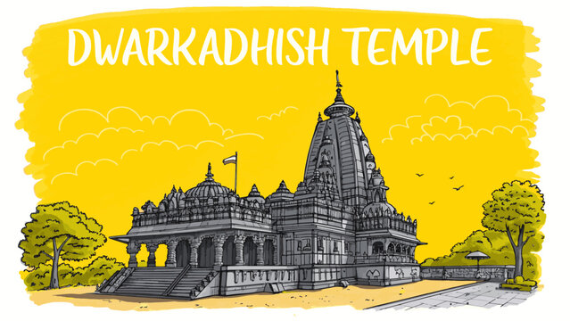 Dwarkadhish Temple Landscape, Gujarat &ndash; Indian Heritage Tourism Artwork for Travel Promotion & Souvenir Design