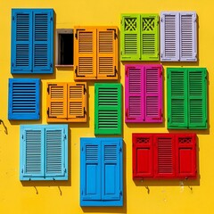 Colorful Window Shutters on a Yellow Wall - A Vibrant Architectural Display.