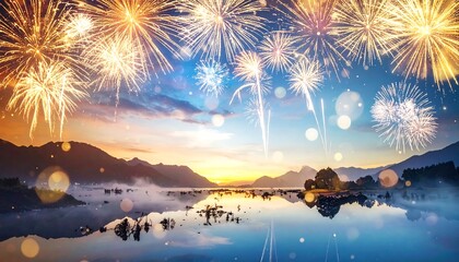 Vibrant fireworks display over a tranquil lake at sunset