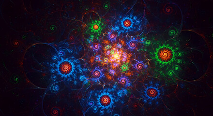 A mesmerizing display of colorful, intricate fractal spirals glowing against a dark background.