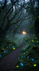 Enchanted Forest Path with Glowing Lights and Mysterious Cottage.
