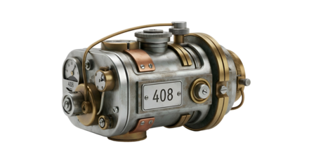 Steampunk-style device with pipes, gauges, and metallic details