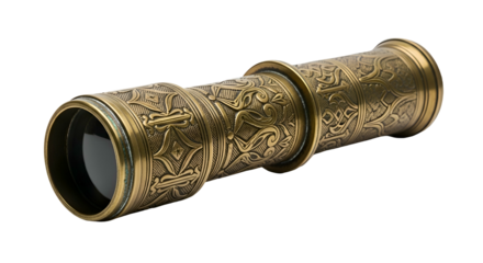 Ornate, antique brass telescope against a dark background
