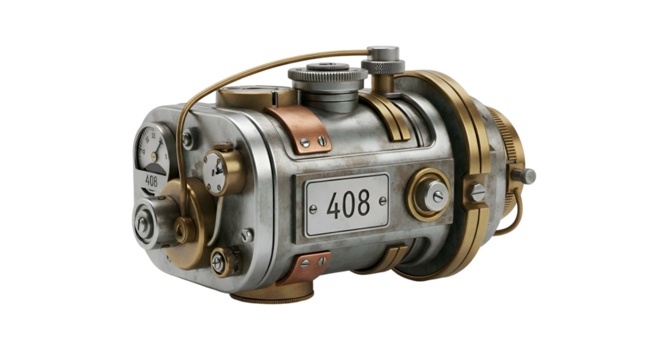 Steampunk-style device with pipes, gauges, and metallic details