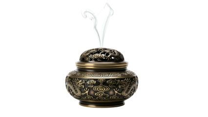 Ornate bronze incense burner with rising smoke, dark background
