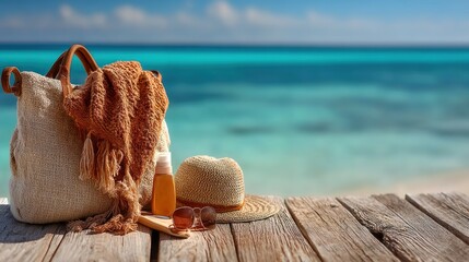 A beige woven beach bag, a tan scarf, sunscreen, a straw hat, and sunglasses sit on a weathered wooden dock, overlooking a vibrant turquoise ocean.