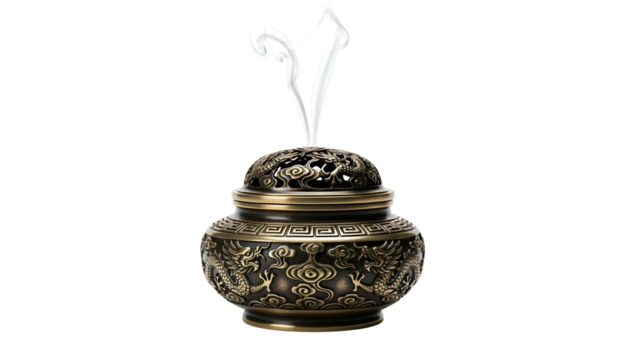 Ornate bronze incense burner with rising smoke, dark background