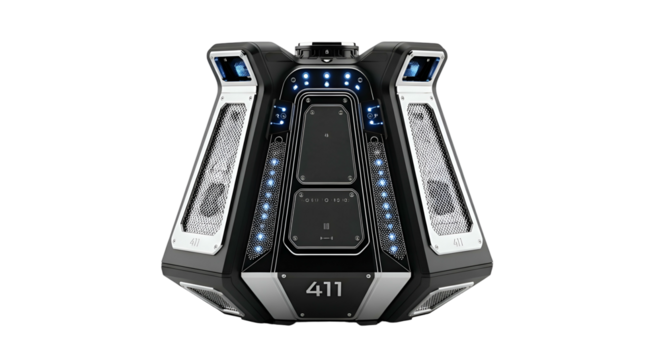 Sleek futuristic container with glowing accents, numbered "411