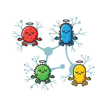Cartoon microbes with halos meditating peacefully amongst neural network connections.