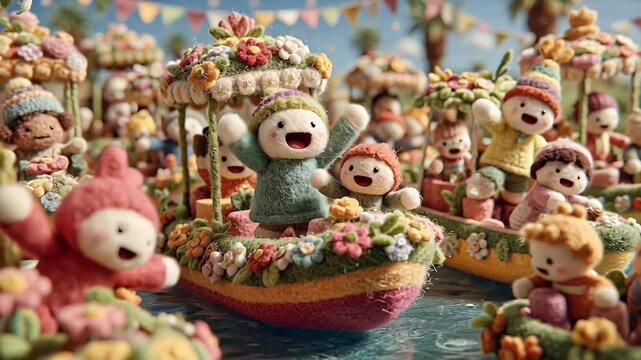 Animated characters in miniature boats parade on water with flowers