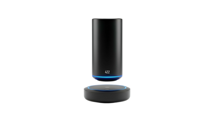 Black cylinder speaker rests on circular base; blue light