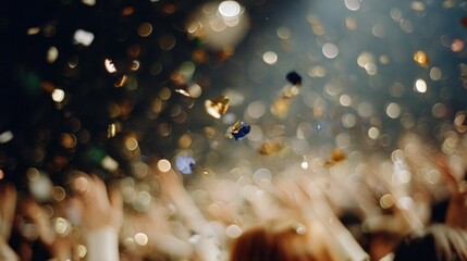 Energetic celebration with shimmering confetti in air, joyful crowd visible