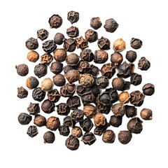 Obraz premium Top view of dried black peppercorns studio shot isolated on a white transparent background