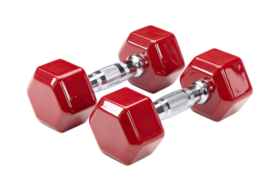 Two red hexagonal dumbbells