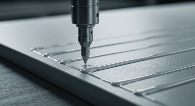 Metal nozzle applies adhesive to panel