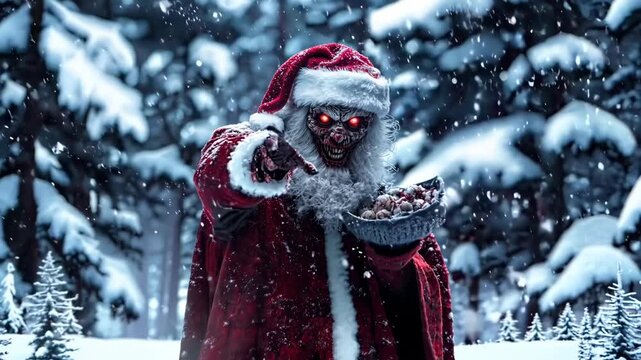 A man dressed as a zombie holding a bag of candy in the snow