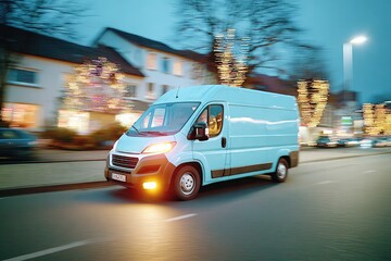 Fototapeta premium Driving through illuminated streets, van showcases motion and urban ambiance
