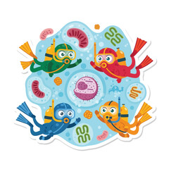 Fototapeta premium Cartoon divers explore a microscopic world, encountering cell structures and organisms.
