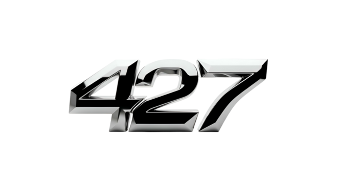 Chrome number "427" isolated on black, glossy, dimensional