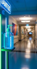 Hand sanitizer station in a hospital hallway for hygiene.