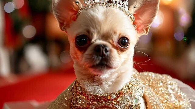 A small chihuahua wearing a tia sitting on a red carpet