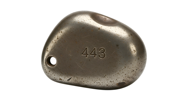 Worn, smooth metal tag, triangular with "443", small hole
