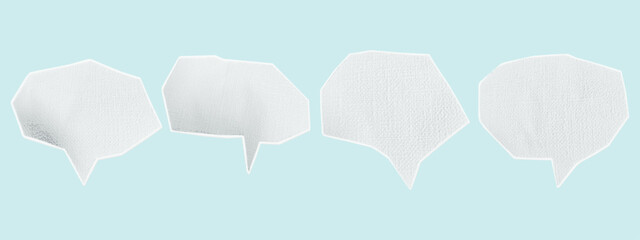 Paper speech bubble. Empty form for communication, talk and text. Paper cut chat dialog for collage. Cloud, notification form with textile texture. Frame for speech, thoughts, discussion. Vector, half