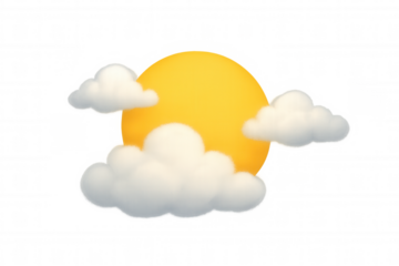 Yellow sun peeking from behind fluffy white clouds representing partly cloudy weather 3d icon