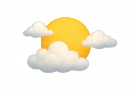 Yellow sun peeking from behind fluffy white clouds representing partly cloudy weather 3d icon